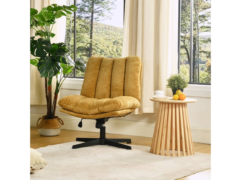 Fauteuil salon pivotant sur 360°, réglable en hauteur, sans accoudoirs, en tissu chenille, jaune - Conforama B