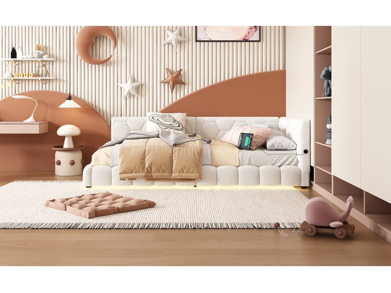 Lit banquette enfant 90x200 cm en velours blanc avec led 16 couleurs, usb et usb-c - Conforama W