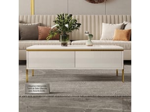 Table basse blanche brillante 100x50x36 cm avec tiroirs cachés et pieds en métal