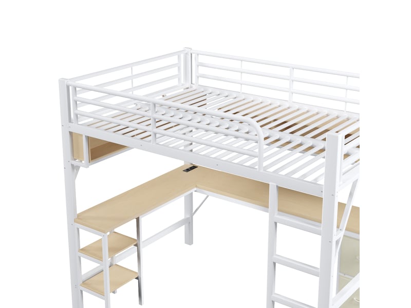  Lit mezzanine métal blanc 140 x 200 cm avec bureau intégré, rangements, led et station de charge usb  - Conforama W