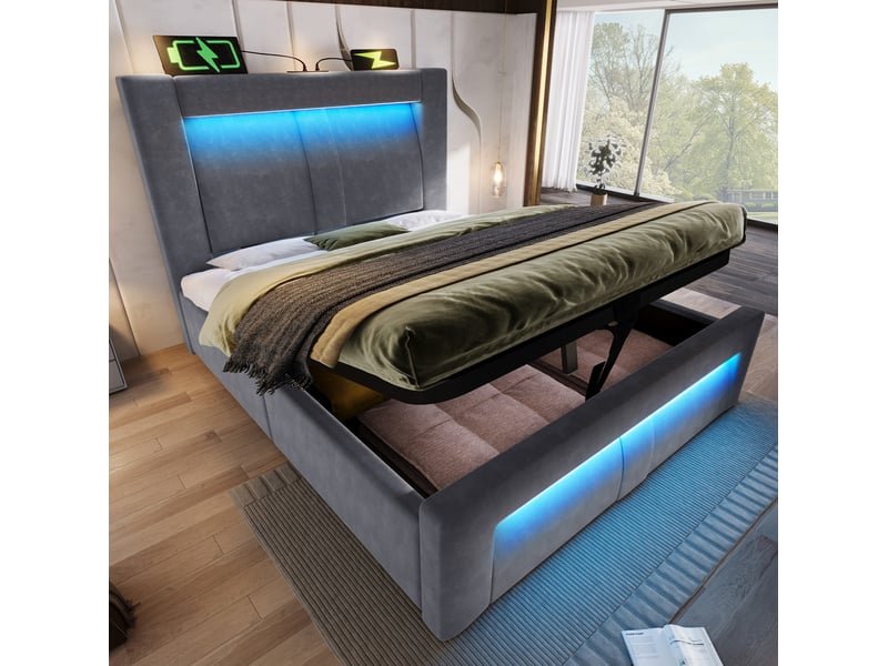  Lit 90 x 200 cm avec rangement hydraulique, matelas, éclairage led et prises usbtype-c, velours gris  - Conforama C