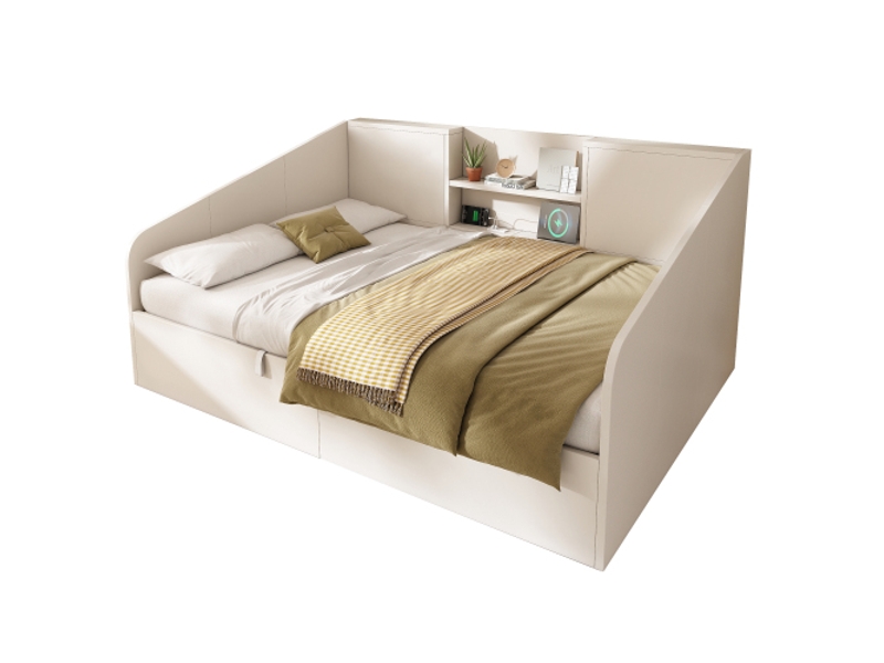  Lit coffre hydraulique 140x190 cm avec 2 niches et portsusb, lit double avec sommier à lattes, bois blanc OPULERANE TRADING LTD - Conforama A