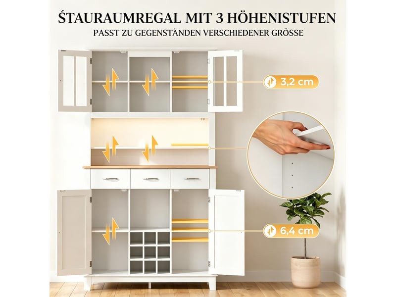 Buffet de cuisine haut avec 4 portes, 3 tiroirs, casier à vin, led pour cuisine en mdf, 100×39,5×180 cm blanc et chêne - Conforama E