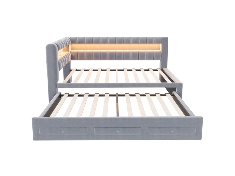 Lit banquette 90x190 cm avec lit gigogne, rangements, led et usb, velours gris foncé, sans matelas - Conforama D