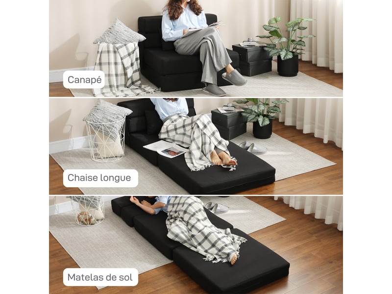  Fauteuil convertible 1 place fauteuil lit pliant, coussin inclus, pour invités, salon, petit espace, charge 120 kg, noir  - Conforama D