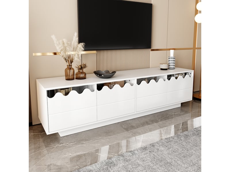  Meuble tv moderne 4 portes design ondulé, étagères en verre trempé, pour salon, 170 x 40 x 45 cm  - Conforama B