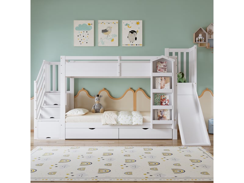  Lit cabane enfant blanc 90x200 cm avec rangements pour livres, 2 tiroirs, toboggan et coffre escalier  - Conforama E