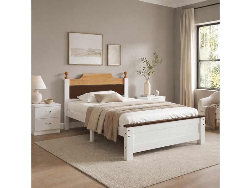  Lit simple 90x200 cm en bois et mdf blanc, naturel et marron  - Conforama B