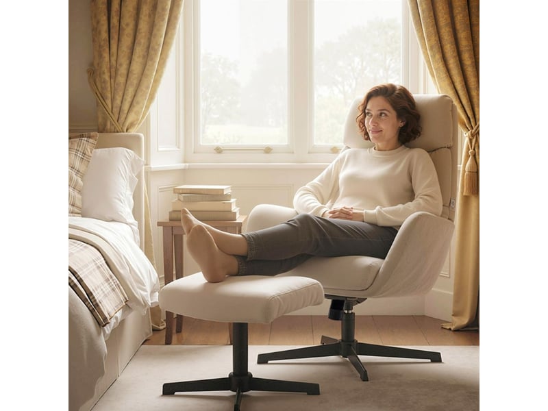  Chaise fauteuil capitonné repose-pieds dossier haut base métal beige  - Conforama D