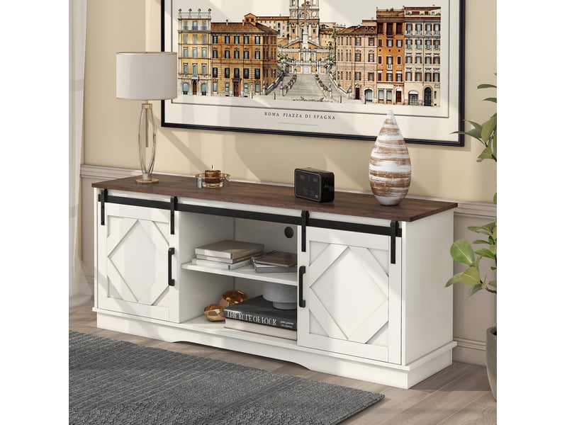  Meuble tv modenvie 150 x 40 x 60 cm avec portes coulissantes et rangements blanc et marron  - Conforama E