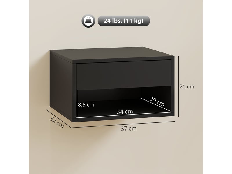  Lot de 2 tables de chevet murales, tables de nuit, tiroir, compartiment ouvert, plateau, 37 x 32 x 21 cm, noir  - Conforama E