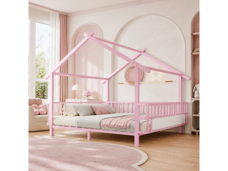  Lit enfant 140x200 cm structure maison, barrières de sécurité en métal rose  - Conforama D