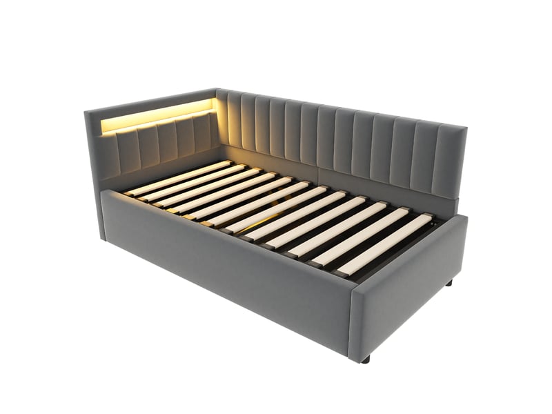 Lit banquette 90x200 cm en velours gris, led, coffre hydraulique et dossier latéral modulable - Conforama A