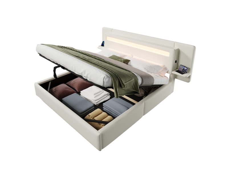 Lit coffre 180 × 200 cm avec éclairage led multicolore, table de chevet, port usb, en lin et mdf, beige pour chambre - Conforama A