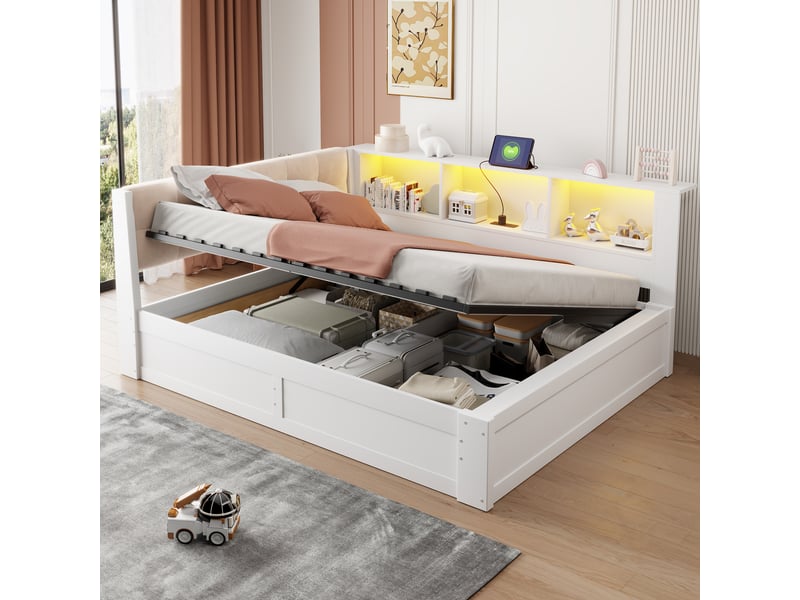  Lit avec rangement hydraulique en pin et mdf blanc 140x200 cm  - Conforama E