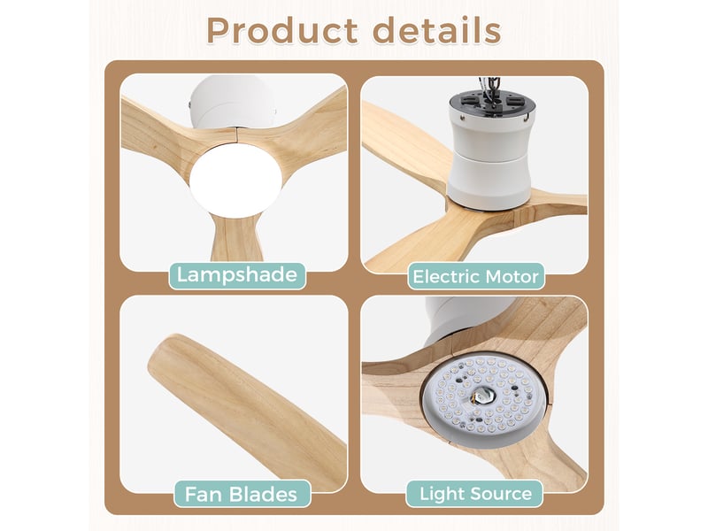 Ventilateur de plafond extra plat bois massif avec lumière et télécommande, 132 cm, moteur dc silencieux réversible, 3 pales - Conforama C