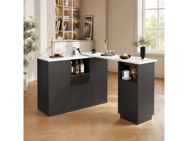 Meuble bar pivotant avec rangements ouverts et fermés, plateau effet marbre, pour cuisine et salon, en mdf noir - Conforama D