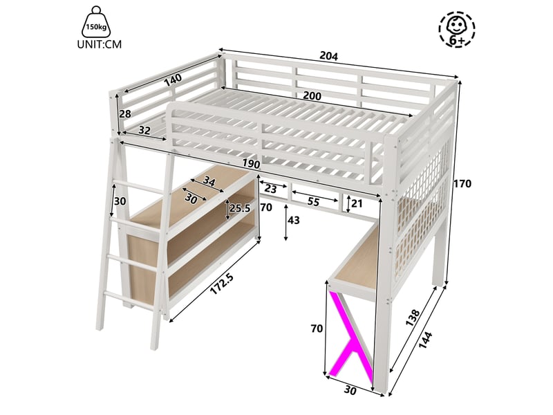  Lit mezzanine 140 x 200 cm en métal blanc avec bureau, armoire de rangement, panneau grillagé et éclairage led intégré  - Conforama C
