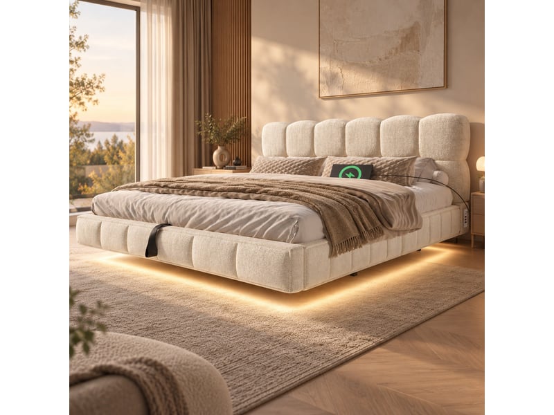 Lit double rembourré 140x200 cm effet suspendu, design nuage, rangement hydraulique, led, usbtype-c, chenille beige, sans matelas Fay Lum - Conforama E