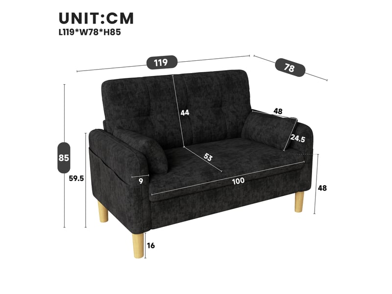  Canapé 2 places tcqpz 119 x 78 x 85 cm en chenille gris avec 2 coussins et poche latérale  - Conforama C