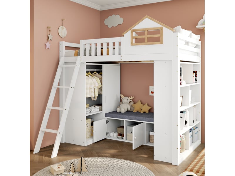  Lit mezzanine enfant 90x200 cm blanc et coloris bois naturel avec armoire et banquette  - Conforama E