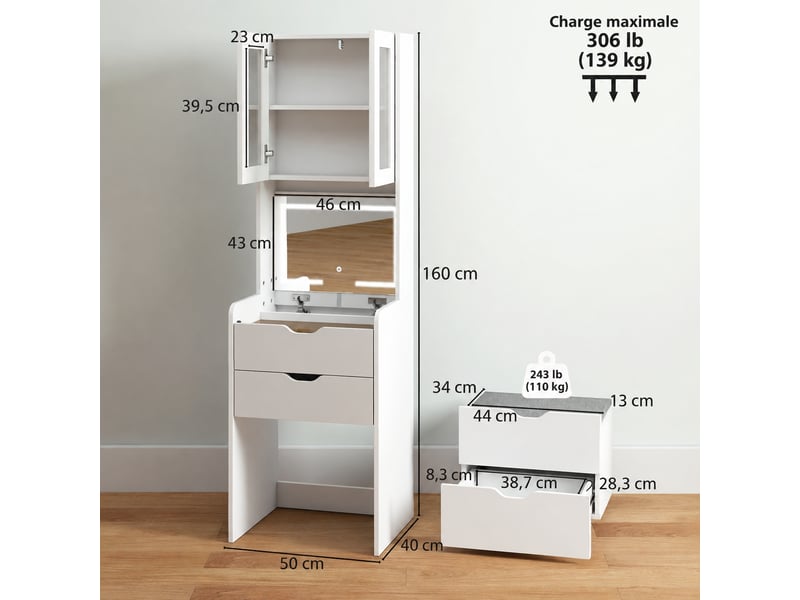  Coiffeuse blanche avec miroir éclairé et tabouret, led 3 teintes, 3 tiroirs et placard, 50 x 40 x 160 cm  - Conforama E