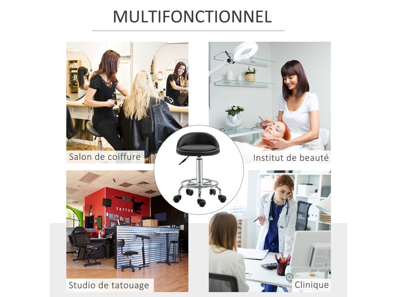  Lot de 2 tabouret à roulette pivotant 360°, assise réglable 47-62h cm, acier chromé revêtement synthétique noir  - Conforama W