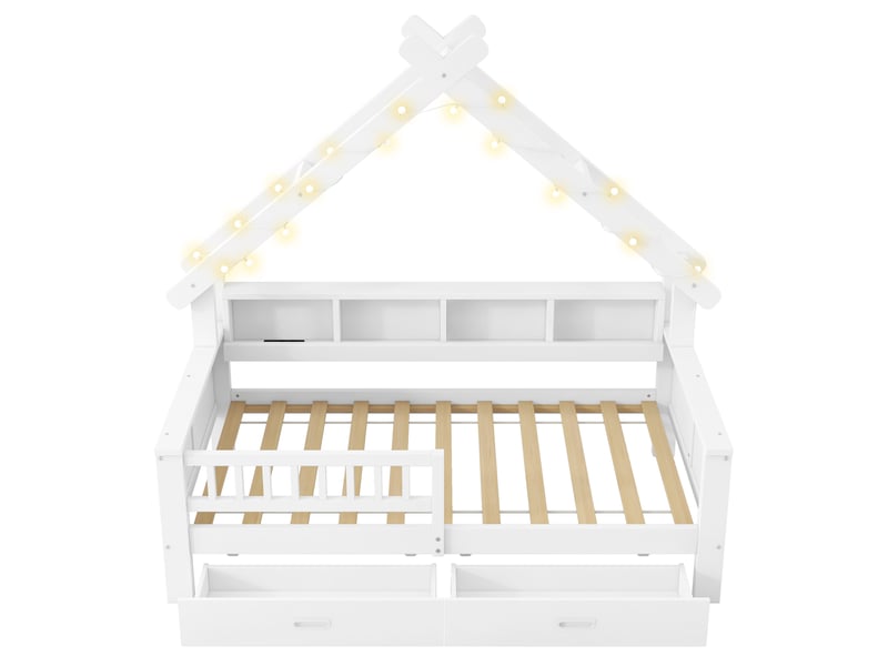 Lit simple en bois en forme de maison, 90 x 200 cm, avec éclairage led, compartiments de rangement, tiroirs et barrière de protection, blanc - Conforama E