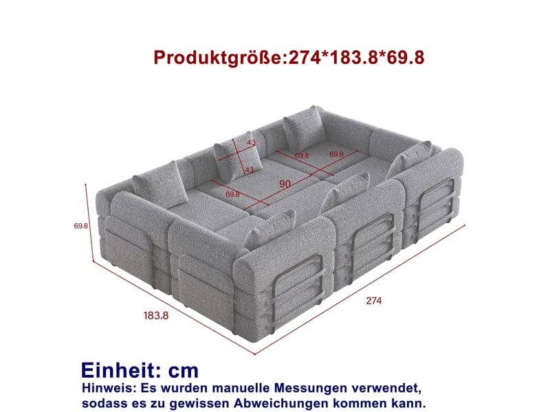  Canapé convertible 6 places 274x183,8x69,8 cm rangement d'accoudoir kaki sans matelas  - Conforama E