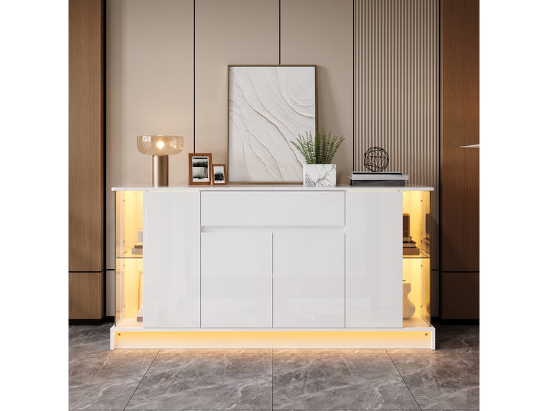  Buffet 150 x 40 x 75 cm en panneaux de particules avec vitrines et led blanc chicfurn  - Conforama D