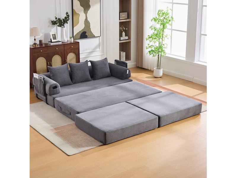  Canapé modulable modenvie 3 places avec pouf et coussins 200 x 190 x 67 cm velours côtelé gris foncé  - Conforama B