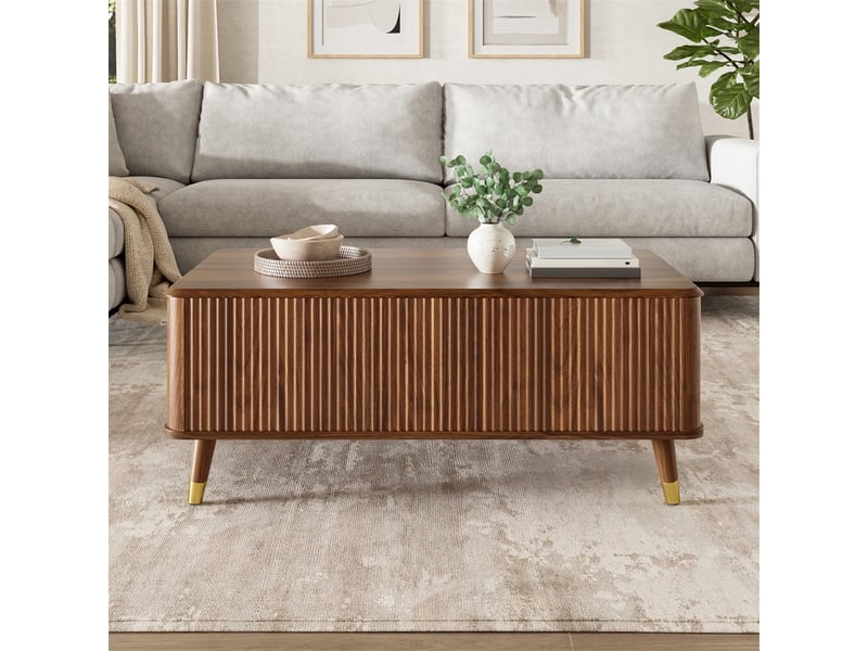  Table basse relevable rectangulaire – 97 x 52 x 42 cm – plateau relevable &amp; double coffre caché – bois - noyer  - Conforama D