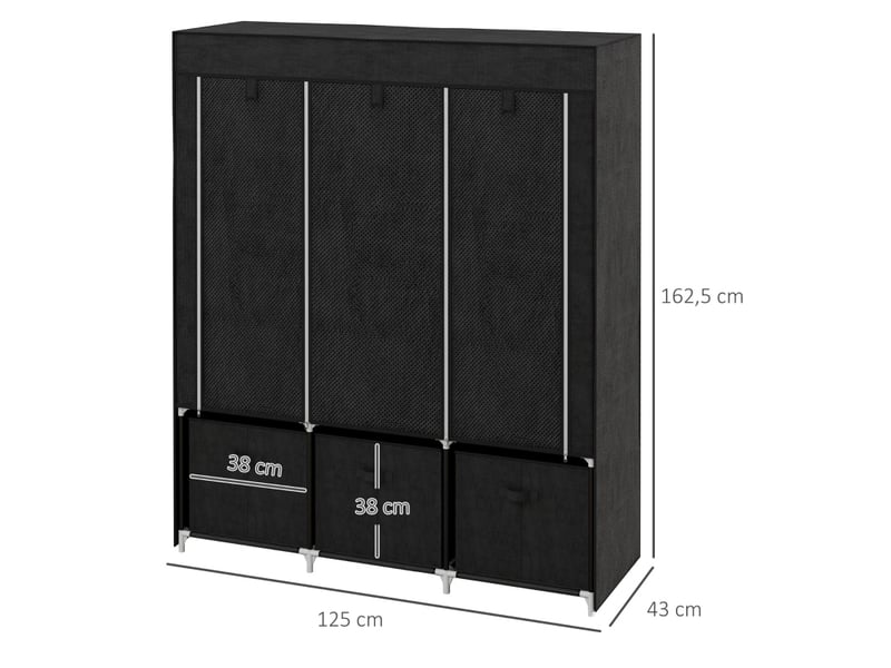  Armoire en tissu avec 2 penderies, 5 étagères, 3 tiroirs et housse zippée, pour chambre, noir, 125 × 43 × 162,5 cm  - Conforama D