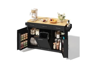 Desserte de cuisine sur roulettes avec 3 tiroirs, rangements de porte, poubelle et prises, en mdf noir, 136×50(75)×92 cm