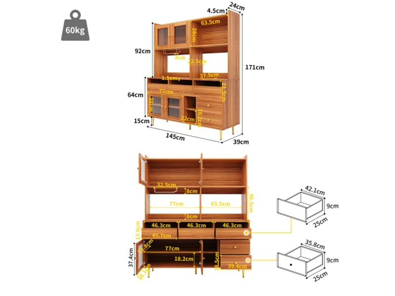 Armoire haute de restaurant moderne – porte en verre changhong, range-verres à vin, rangements étagés, bois et dorures - Conforama C
