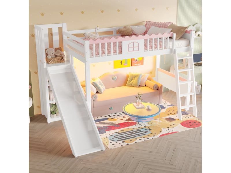  Lit surélevé 90x200cm blanc, led, toboggan, trois étagères, structure en pin, certifié en747, sans matelas  - Conforama D