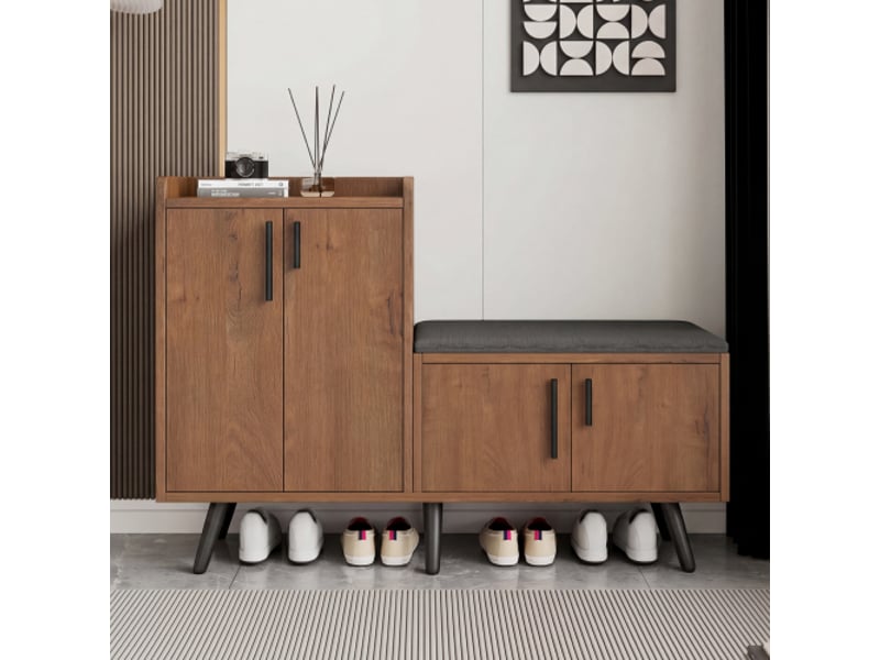 Meuble d’entrée avec armoire à chaussures, banc de rangement 4 portes, bois noyer, 120x34x82,8cm  - Conforama B