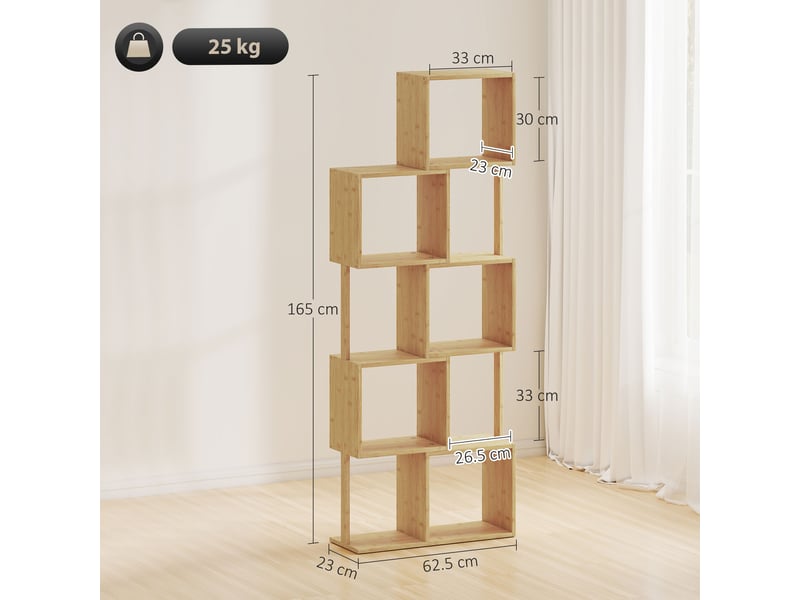 Bibliothèque asymétrique moderne à 5 niveaux en bambou, 62,5 x 23 x 165 cm, couleur bois naturel - Conforama E