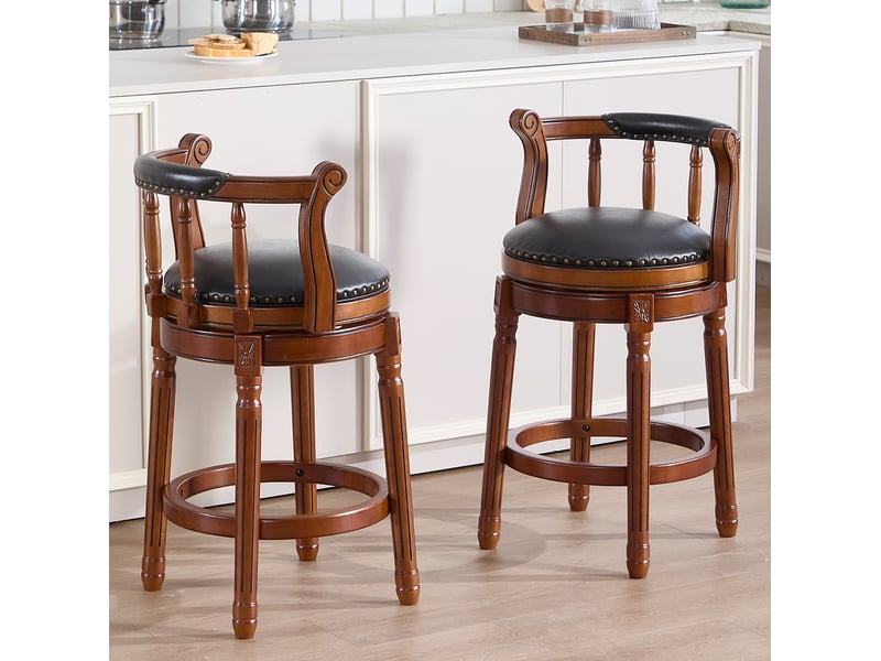  Tabouret de bar pivotant 360° 55x55x86 cm assise en similicuir véritable, piètement en bois, dossier courbé, repose-pieds, finition noire  - Conforama E