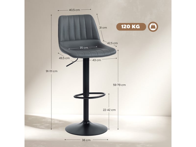  Ensemble de 2 tabourets de bar au design rétro, avec repose-pieds, hauteur réglable, 43 cm x 49,5 cm x 111 cm  - Conforama E