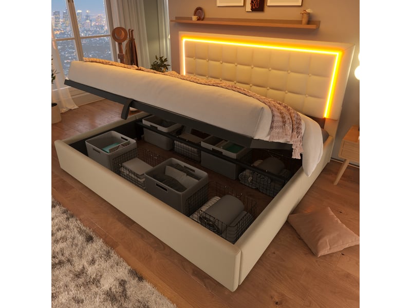  Lit coffre hydraulique 180x200 cm avec led, rangement et sommier à lattes, tête de lit capitonnée, simili cuir - blanc (sans matelas)  - Conforama D
