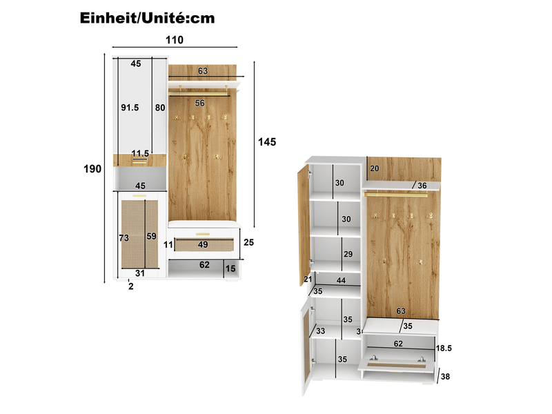  Meuble d'entrée avec 3 portes, miroir, 6 crochets et led 16 couleurs pour entrée, bois et blanc, 110 × 38 × 190 cm  - Conforama D