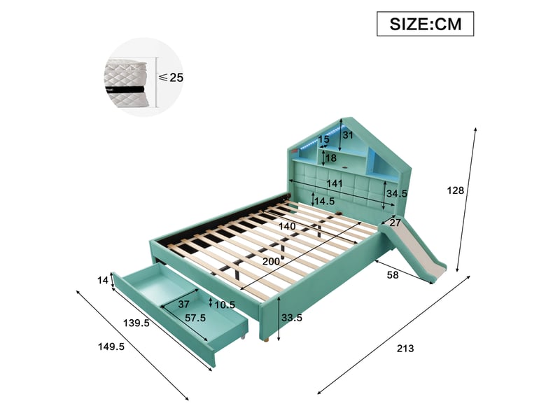  Lit cabane enfant 140x200 cm avec toboggan, led et rangement bleu-vert, sans matelas  - Conforama C