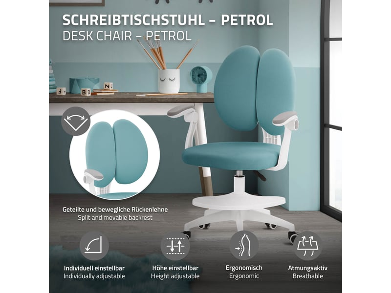  Ml-design chaise de bureau pour enfant 95-107 cm pétrole avec dossier divisé et repose-pieds siége d'étude ergonomique pivotant 360° hauteur réglable accoudoirs rabattables tissu respirant confortable  - Conforama C