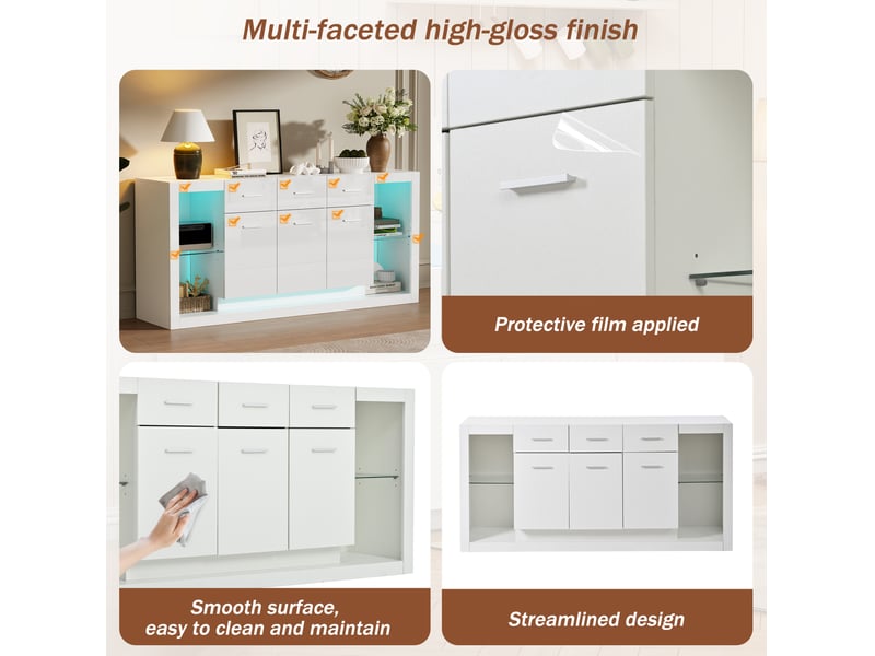  Buffet de rangement 160x40x75 cm, avec led, tiroirs et portes, meuble de salon, brillant, panneau de particules, blanc  - Conforama E