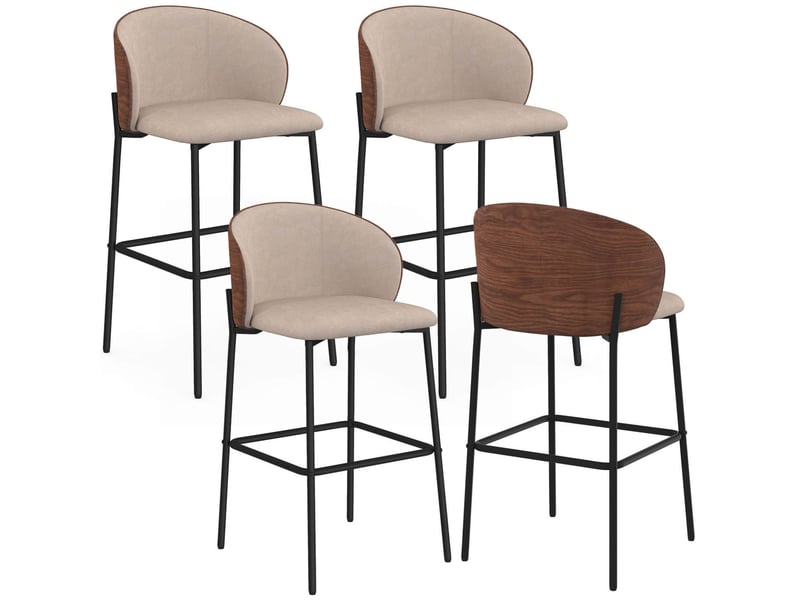  Lot de 4 tabourets de bar penny en tissu taupe, dossier effet noyer et pieds en métal noir  - Conforama A