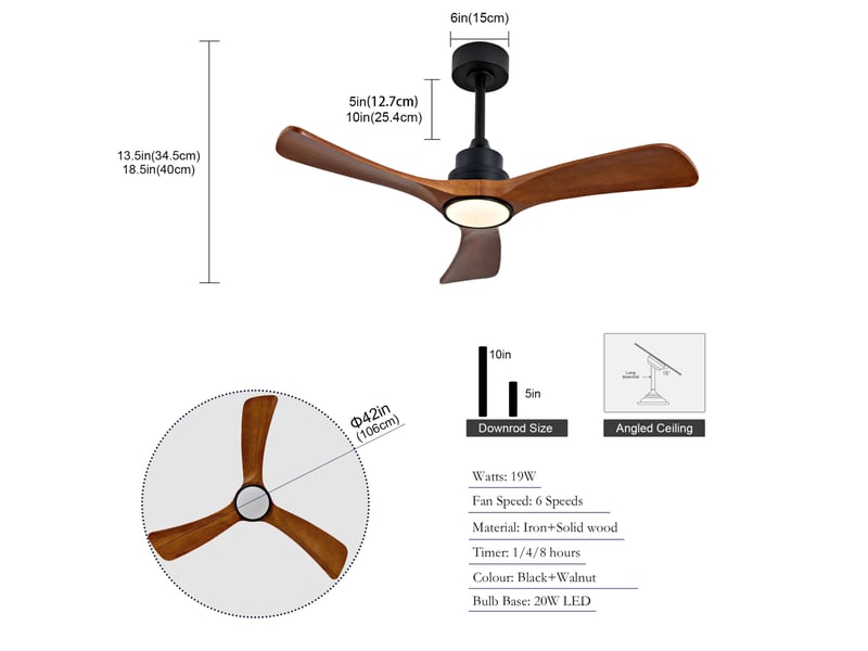 Ventilateur de plafond 106 cm noir et noyer foncé avec led et télécommande - Conforama C