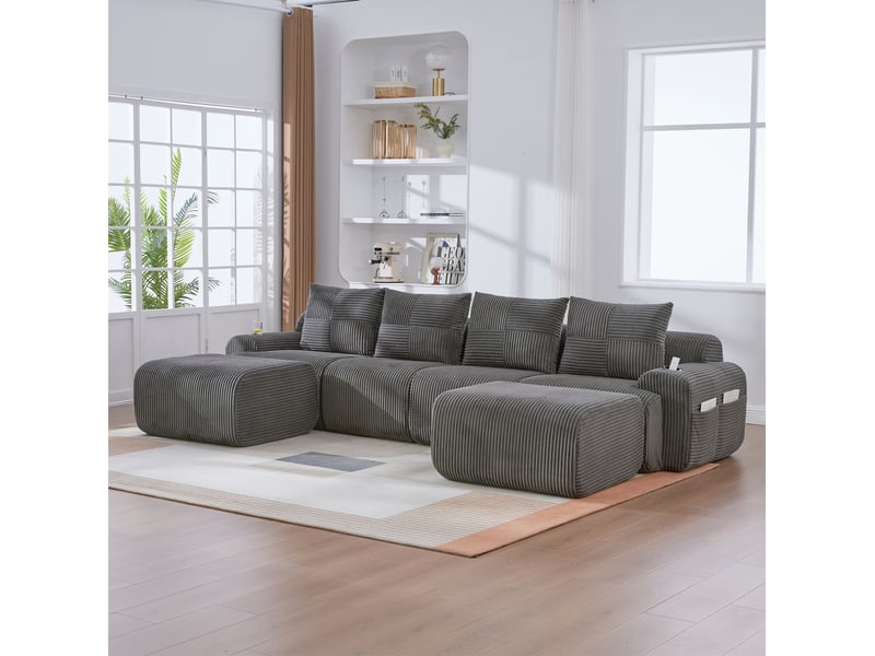  Canapé modulable 4 places 333x174x80 cm, poche latérale, porte-gobelet incorporé, personnalisable, velours côtelé gris foncé  - Conforama E