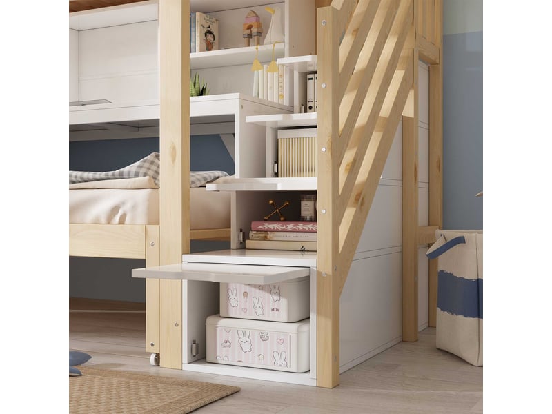  Lit superposé 90x200 et 90x190 cm, lit inférieur sur roulettes, bureau coulissant, escalier rangement, blanc et décor chêne C-DEGAYUN - Conforama E