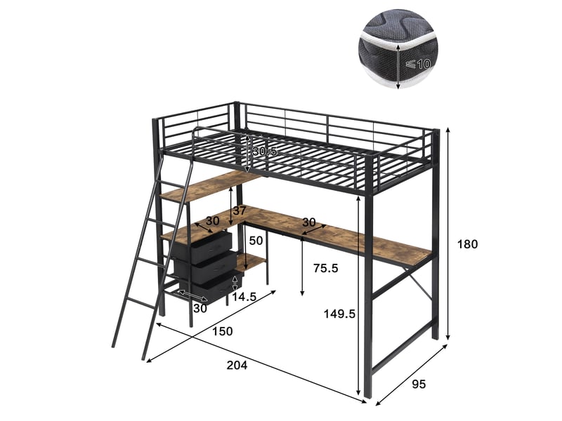  Lit mezzanine 90x200 cm avec bureau, lit gain de place pour enfant et adolescent avec 3 tiroirs, structure en métal et bois style industriel, noir  - Conforama E